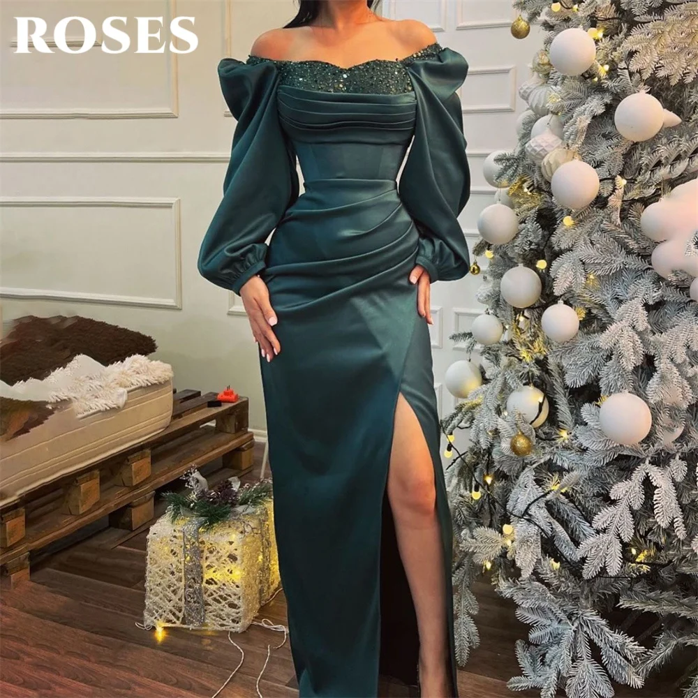 

ROSES Dark Green Elegant Prom Dresses Sweetheart Three-Quarter Sleeves Prom Gown Satin Sequins Side Split Ball Gown Customized