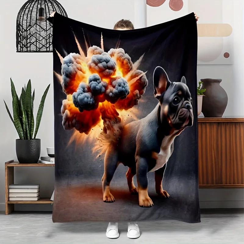 French Bulldog Explosion Flannel Throw Blanket, Cool Puppy Fire Blast Print Soft Blanket for Kids Bedroom Sofa Cozy Home Decor
