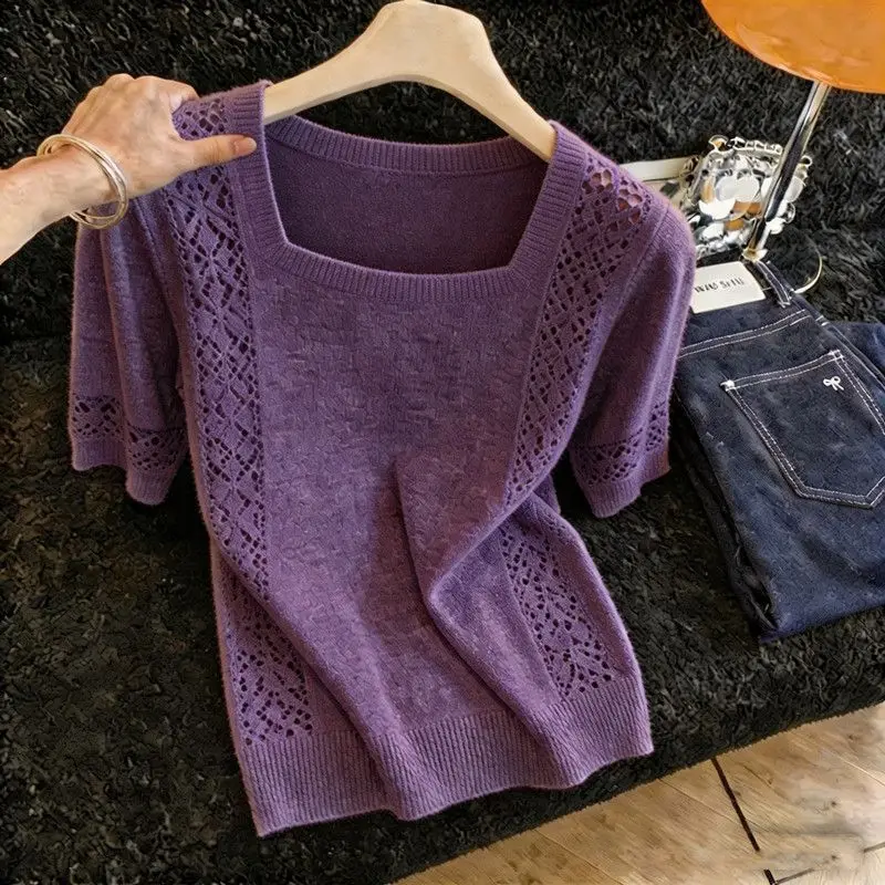 Summer Square Neck Knitted Short-sleeved Knitted Sweater Women's Versatile Temperament Thin Knitwear Top Ladies