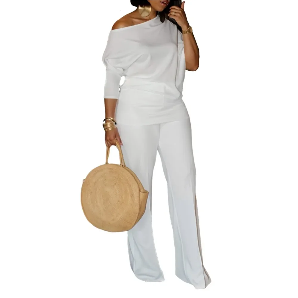 Wiosna Jesień Nowa Moda Ukośna Koszula na Ramię T-shirt Spodnie Damskie 2-częściowe Smukłe Spodnie z Szeroką Nogawką Elegancki Damski Garnitur Biurowy