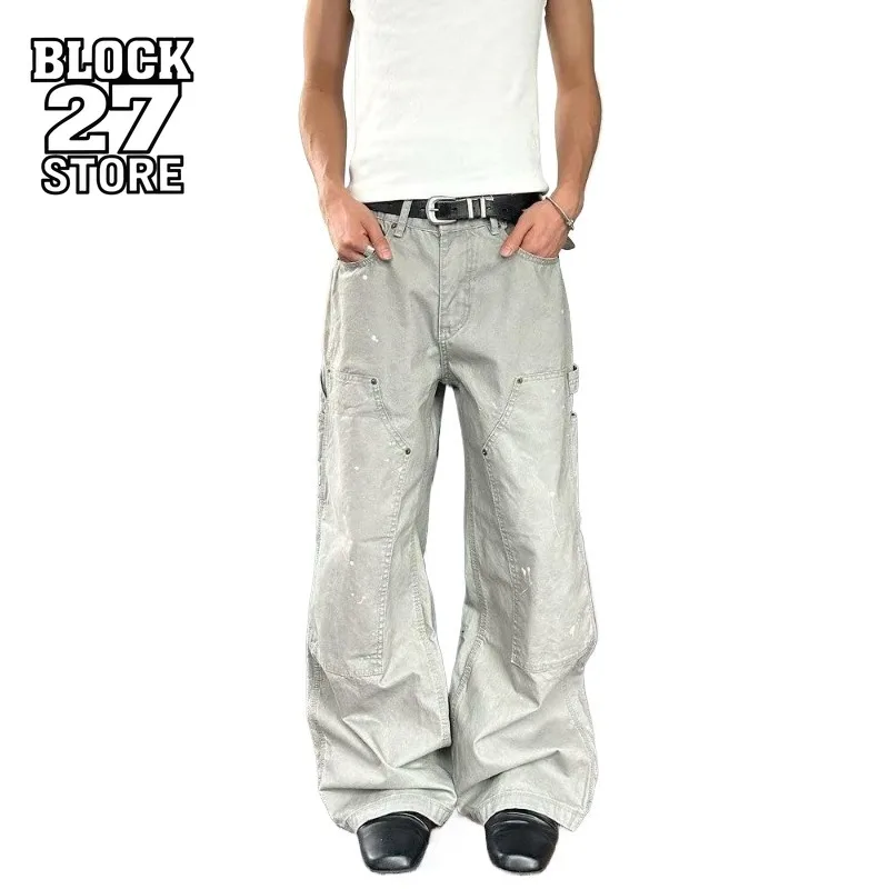 Mens Pants Harajuku Washed Large Pocket Cargo Trousers Wrinkled American Paratrooper Loose Wide Leg Casual Fashion Wear Winter