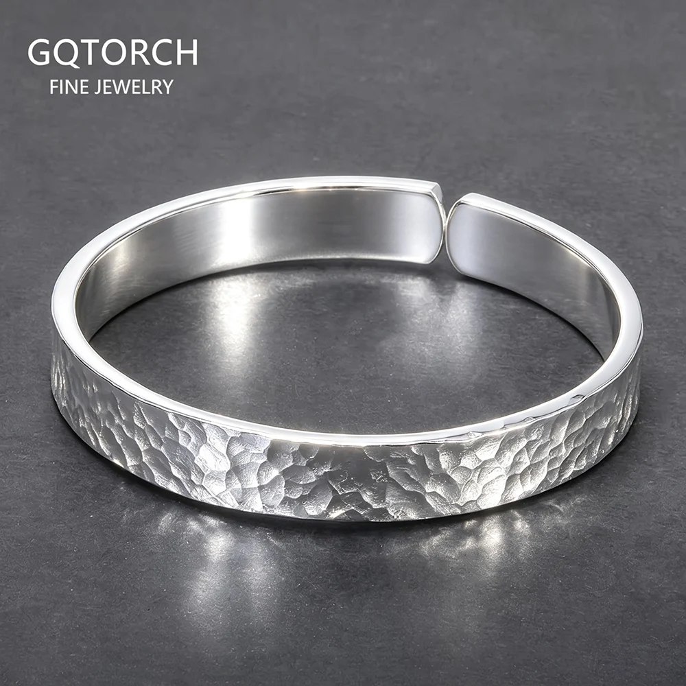 999 Pure Silver Hammered Cuff Bangle Bracelet for Men Women Handcraft Minimalist Birthday Party Jewelry Gift