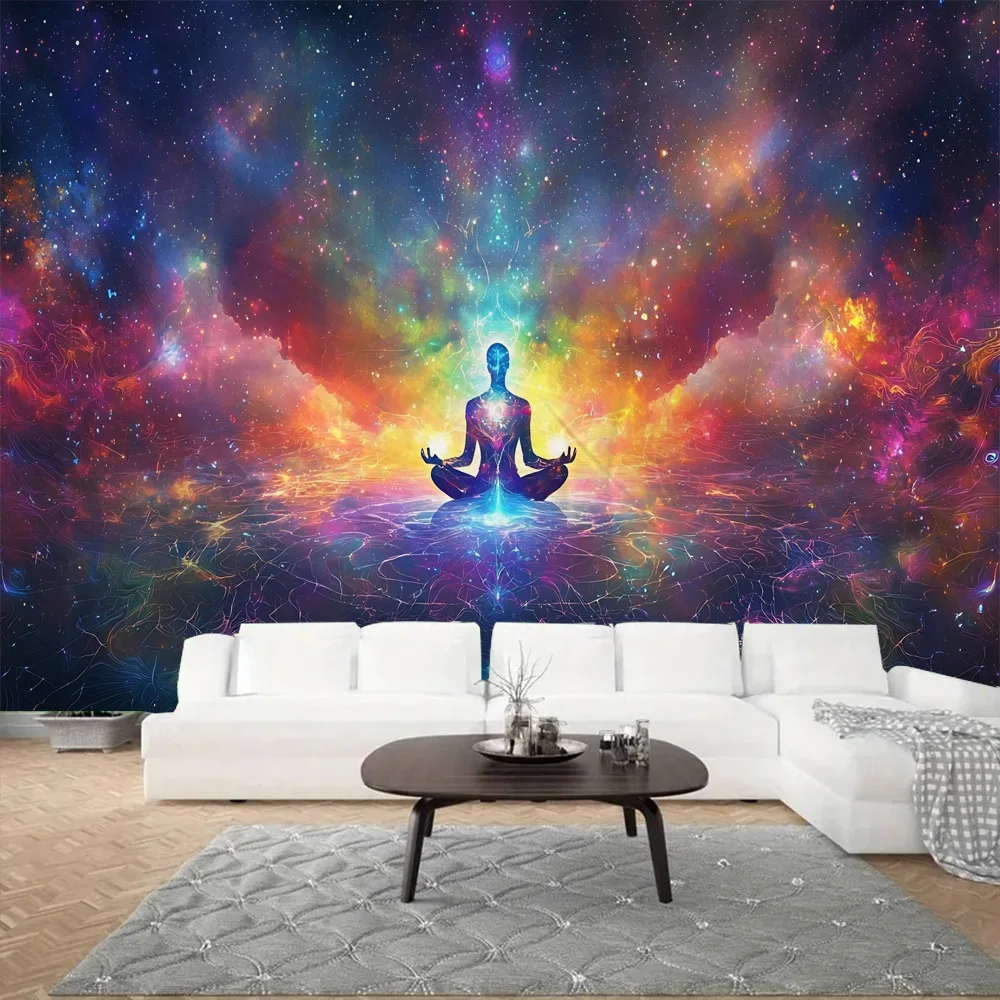 

Psychedelic starry sky tapestry meditation Buddha background poster studio home decoration wall hanging fabric mural bed sheet