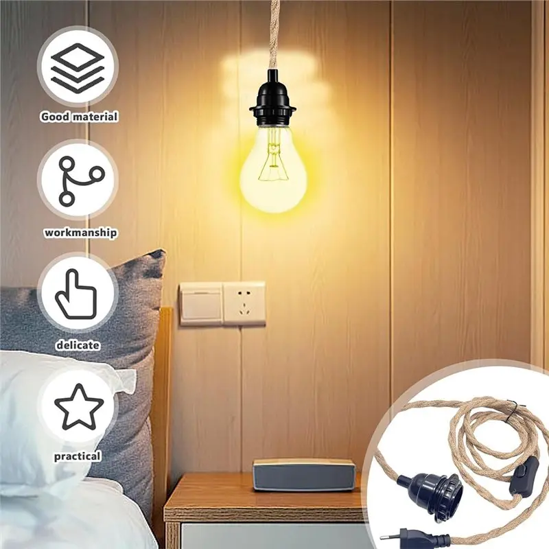 E27 Lamp Socket With Cable And Switch, E27 Lamp Holder With Plug, 4.5 M Rope Pendant Light Vintage EU Style EU PLUG