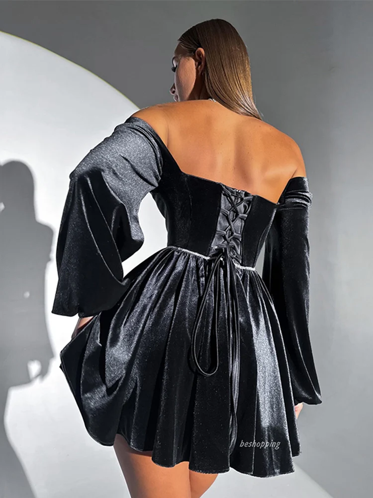 Party Dress Women Sexy Off Shoulder Long Sleeve Bandage Backless Mini Dresses 2025 All Season Lady Evening Robe