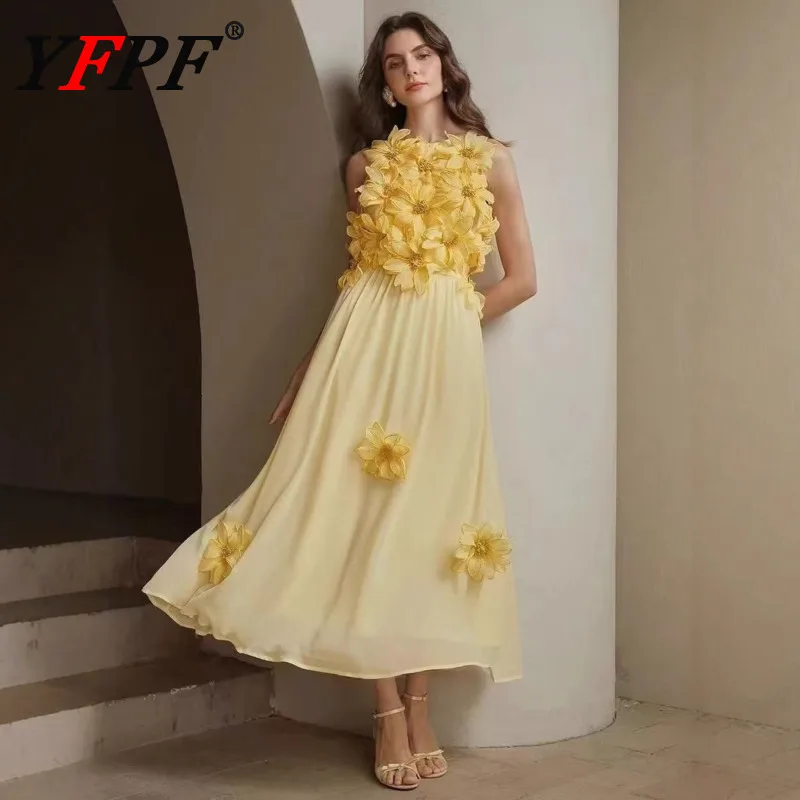 

YFPF Elegant 3D Floral Design Long Dress Chiffon Sleeveless Solid Color High Waist A Line Party Dresses Fashion New Clothing