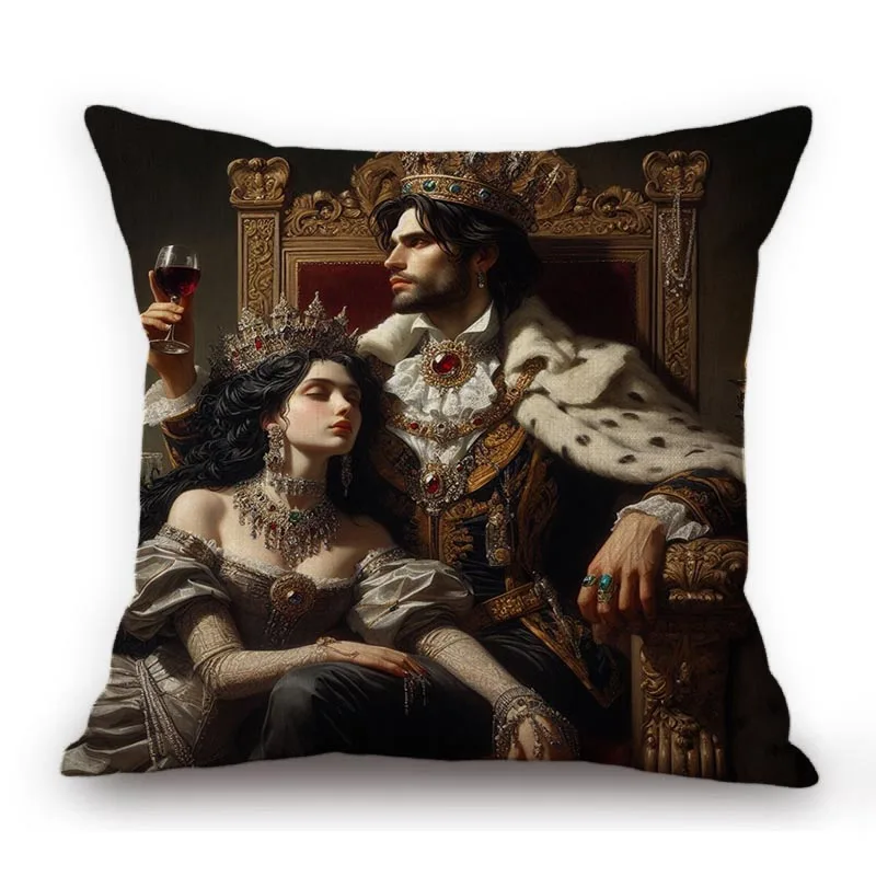 Royal Court King Queen Duke Duchess Victoria Era Antique Oil Painting Style Home Decoration Sofa Pillow Case Linen Cushion Cover