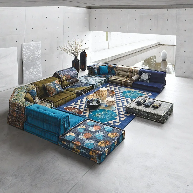 Sofa, ethnic medium and ancient style large apartment living room color fabric mahjong module sofa combination