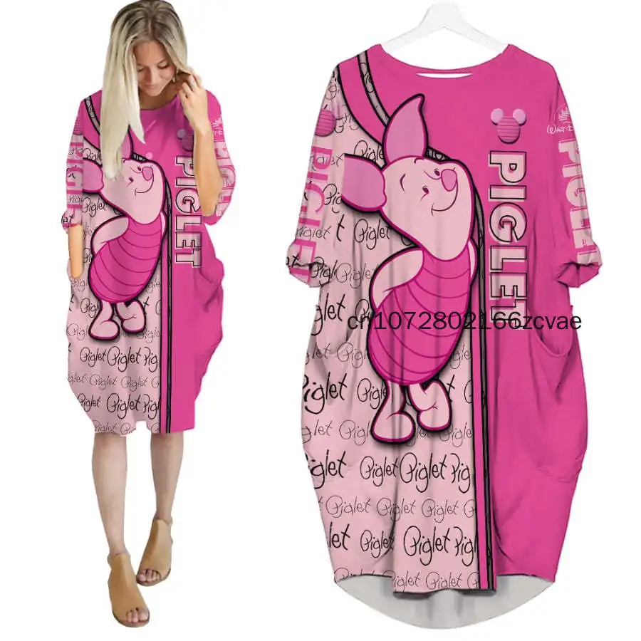 New Disney Piglet Women's Batwing Pocket Dress Disney 3D Printed Oversize Fashion Street Dress Long sleeved Nightgown