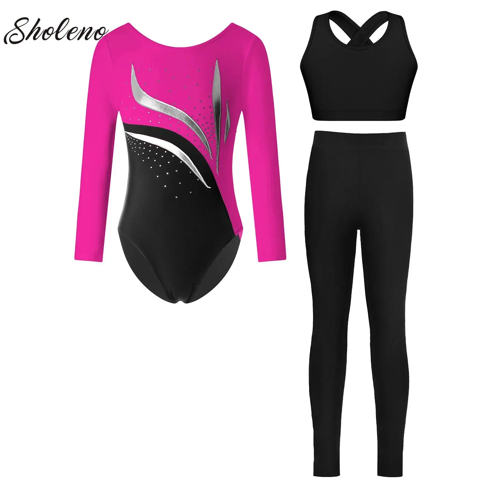 

Kids Ballet Dance Outfits Gymnastics Leotard for Girls Shiny Long Sleeve Figure Skating Bodysuit with Leggings Pants Dancewear