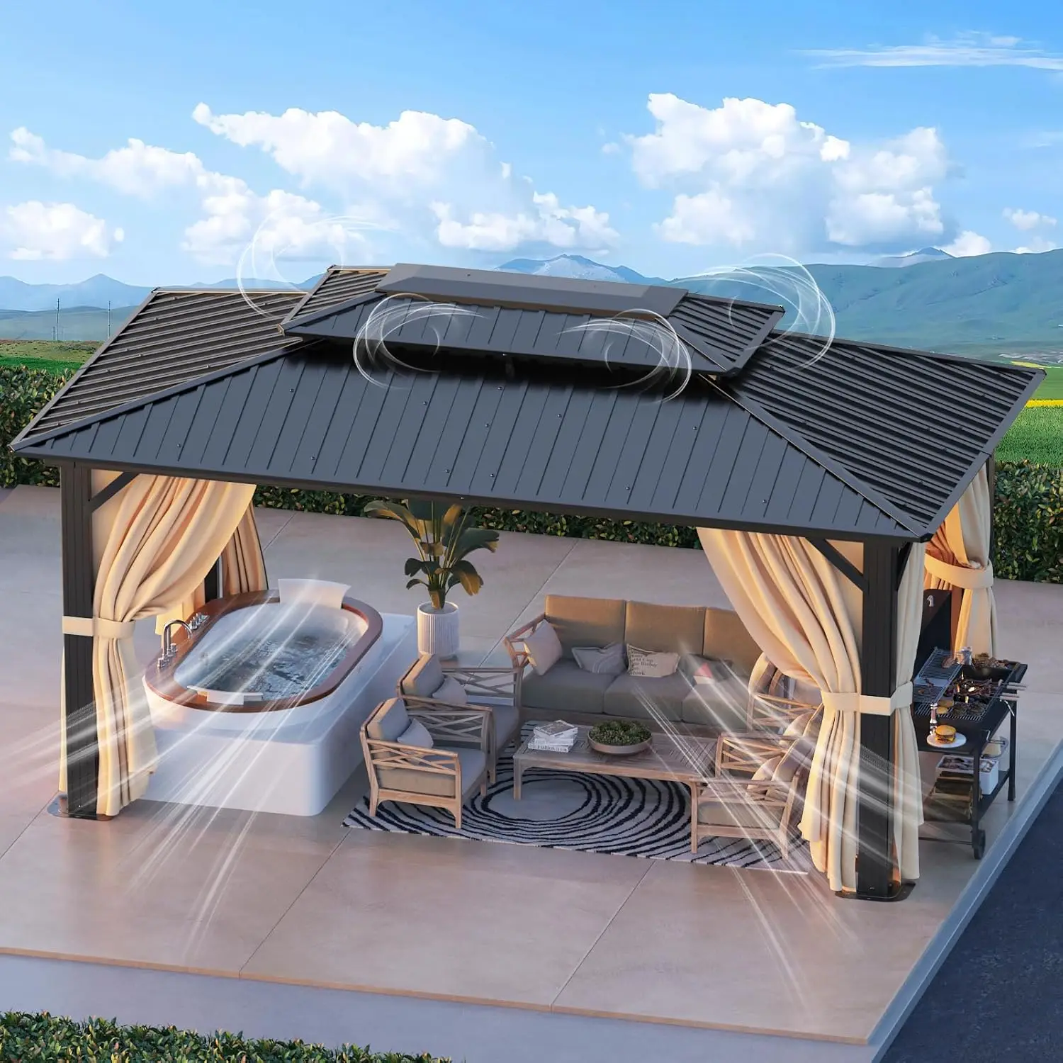 

10x15 Hardtop Gazebo with Flame-Retardant Curtain & Netting, Hot Tub Gazebo with Galvanized Steel Double Roof,, Customized