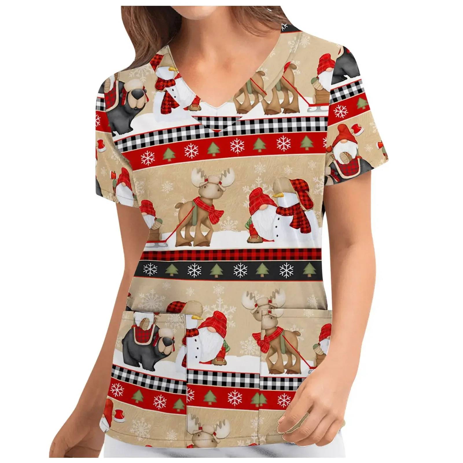 Świąteczny unisexowy strój medyczny z nadrukiem kreskówkowym, bluza pielęgniarska, odzież robocza z motywem Świętego Mikołaja, damska bluza robocza z kieszeniami, bluza do salonu kosmetycznego.