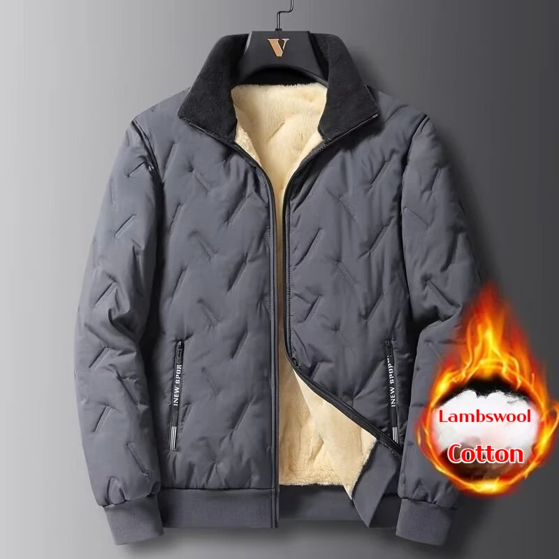 

Men's Lamb Fleece Jacket Thickened Warm Cotton Coat Windproof Stand Collar Parka Loose Fit Plus Size Cold Weather Outerwear
