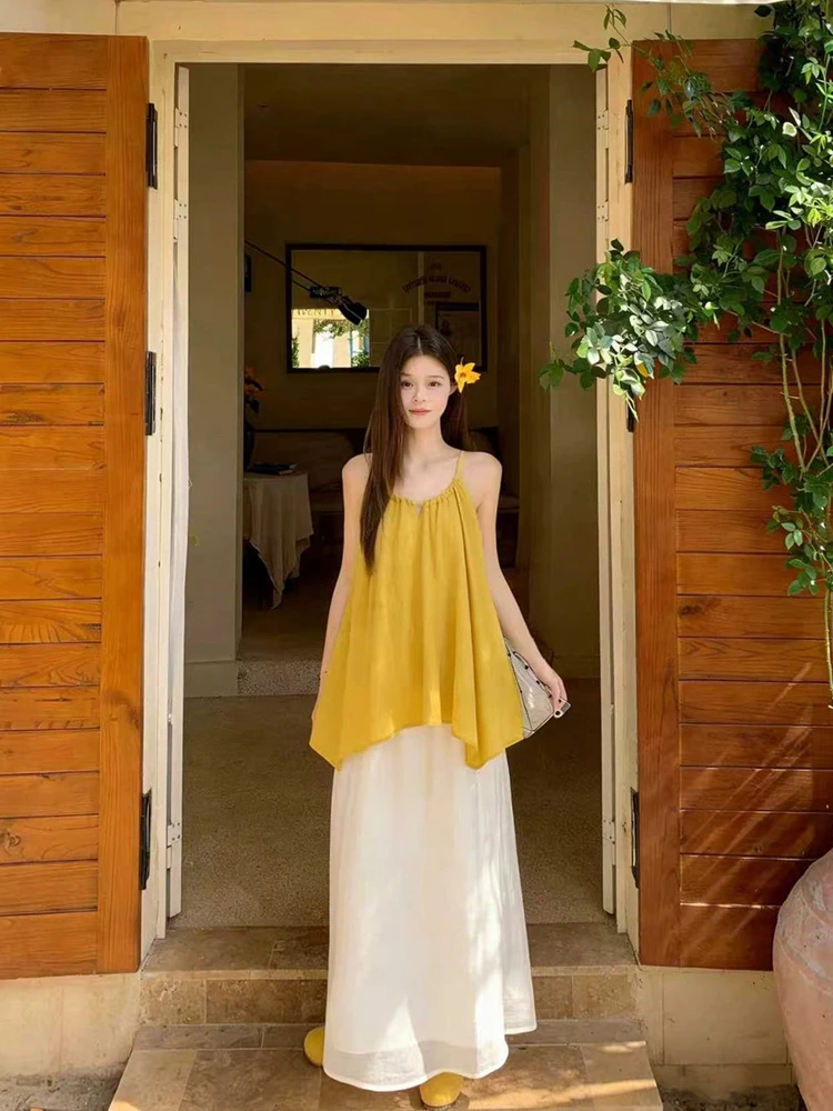 

Summer 2026 Korean Style Loose Women's Set High Waist Halter Vest And Skirt Asymmetric Design Casual Fashion Ensemble