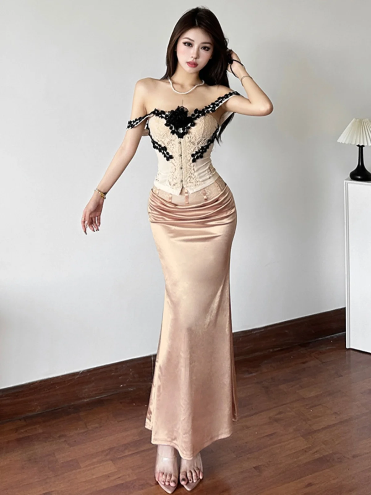 WEIRD PUSS Abito da damigella d'onore in seta oulder Set Faion da donna con gonna a f Abito oulder Puro desiderio sexy