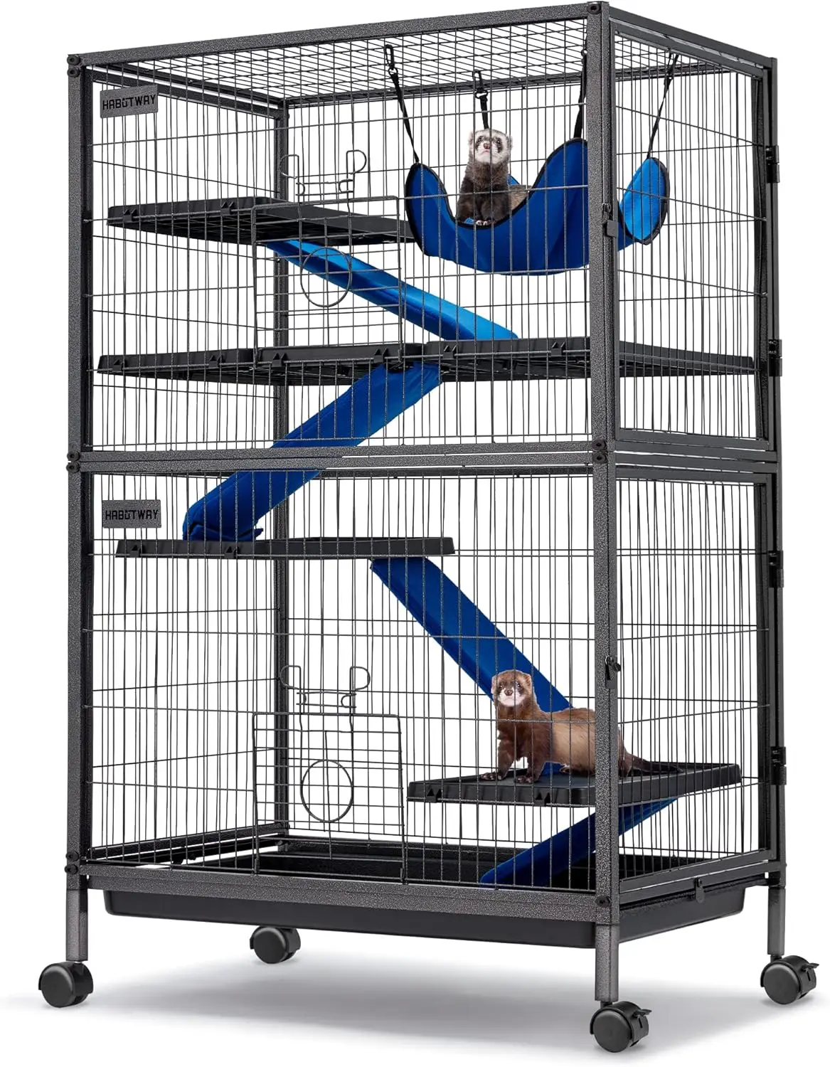 

50''H Large Metal Small Animal Cage, Rolling Chinchilla Cage with Removable Ramps, 5-Tier Ferret Cage with Hammock, Black