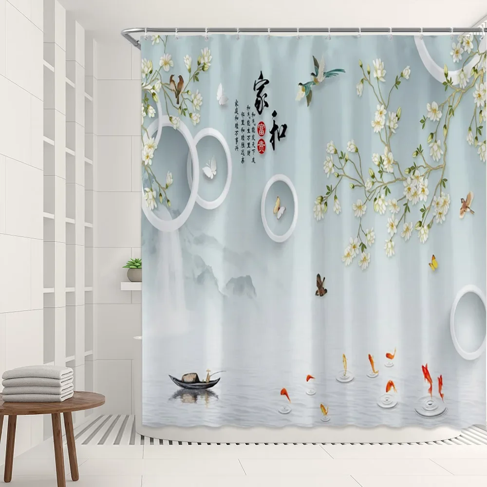 Chinese Style Painting Shower Curtain Birds and Flowers Koi Goldfish Fishing Boat Landscape Natural Landscape Home Bath Curtain