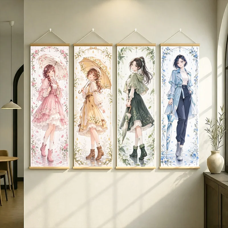 Anime Women in Pink, Yellow, Green and Blue Outfits Hanging Scroll with Flowing Floral Details for a Cozy Reading Nook