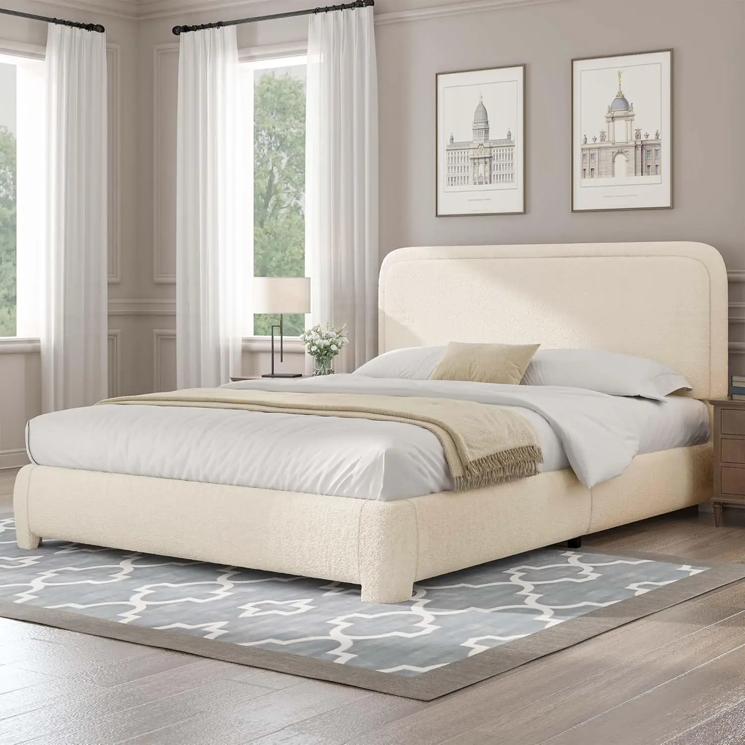 

Full Size Bed Frame with Headboard, Cloud Boucle Upholstered Platform Bed Frame, Soft Rounded Corners, No Box Spring Required, N