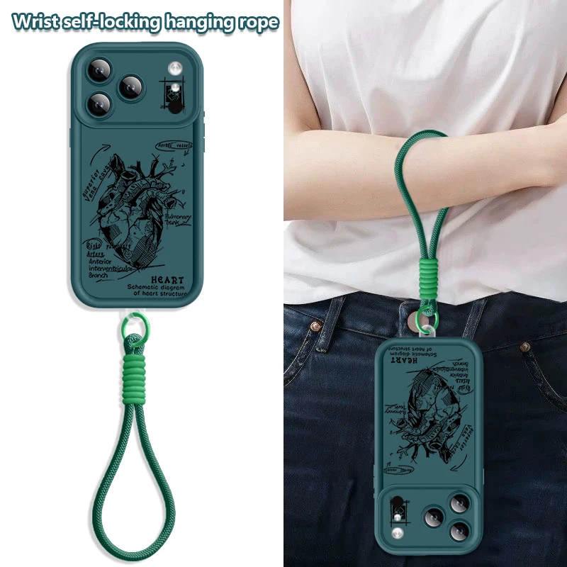 Creative Heart Model Pattern Lanyard Phone Case For iPhone 17 Pro Max 16 14 15 17 12 13 Pro Max Air 16e 11 TPU Wrist Strap Cover view 3