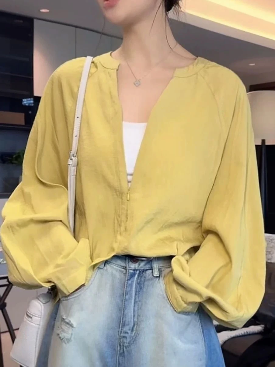 

Long Sve Женский irt Весна 2025 Свободный крой со вставками Универсальный дизайн заводской интернет-знаменитости Топ Европейский Корейский...