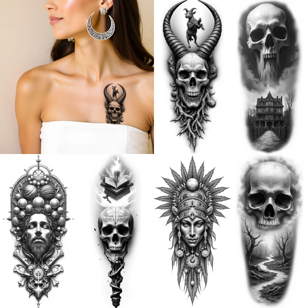 

3 шт., временная татуировка, водостойкие долговечные наклейки на тело, змеиный череп, украшение для лица, рогатый череп для взрослых, мужчин, бедер