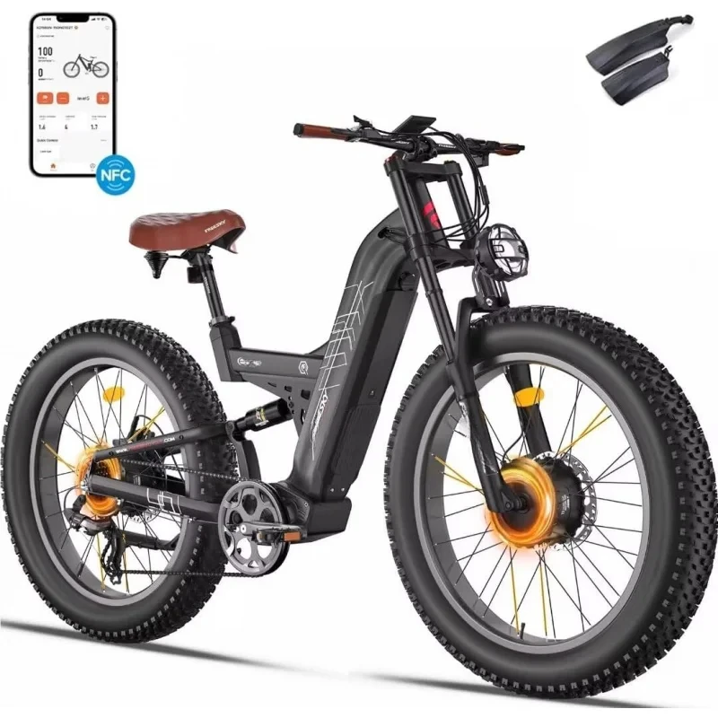 AQFREESKY WARRIOR PRO Peak 2800w Dual Motor Electric 38 mph 48V 25Ah Electirc Mountain,Full Suspension Fat Tire E Bike,Off-road