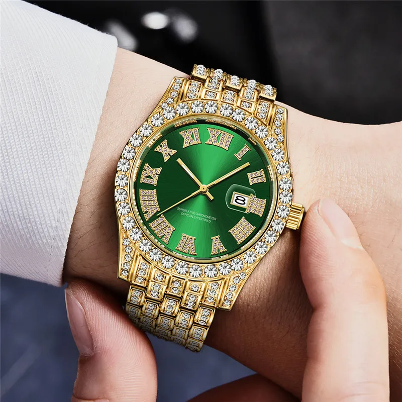 1 stk/partij Grote Merk Horloges Voor Mannen Hip Hop Diamond Luxe Gouden Mode Legering Band Datum Quartz Horloge Montres de Marque de Luxe