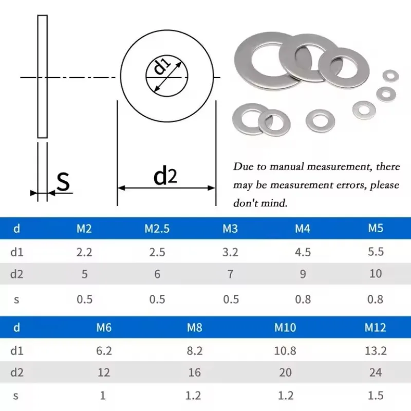 Multi-Specification 304 Stainless Steel Flat Washer M2 M2.5 M3 M4 M5 M6 M8 M10 Metal Gasket Meson Sealing Plain Washers Spacer S