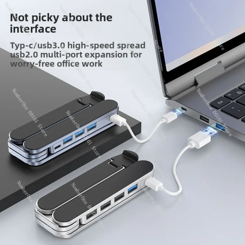 Laptop holder with 3.0USB HUB aluminum alloy heightening frame, heat dissipation belt, docking station, foldable and portable