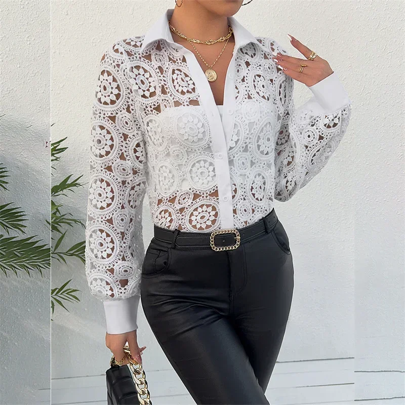 الربيع الصيف الجوف خارج زهرة الدانتيل لصق قميص المرأة بلون واحدة الصدر سترة بلوزة الإناث أنيقة ركاب القمم