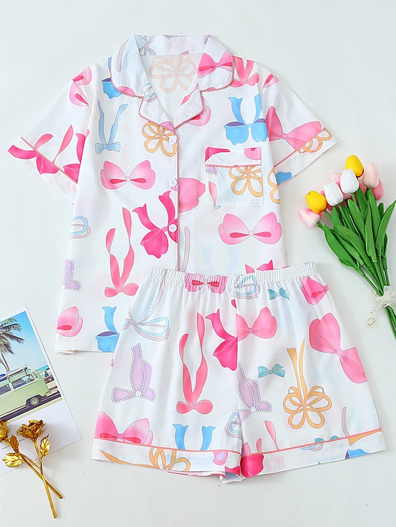 Women Cute Bow Print Pajama Set Turn‑down Collar Short Sleeve Button Down Shirt + Shorts Sleepwear Sweet Ladies Home Loungewear