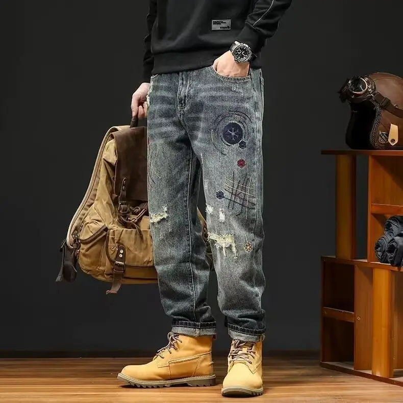 

Retro American Style Men's Jeans Trendy Embroidered Hole Casual Pants All-Match Nine Points Korean Version Hole Punching