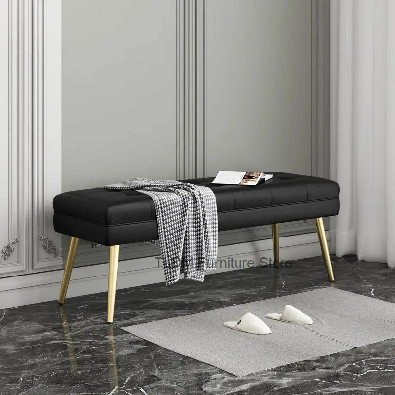 Button Tufted Padded Bench Solid Wood Tapered Leg Metal Tip Rectangular Ottoman Stool for Entryway Bedroom Bed End Decor