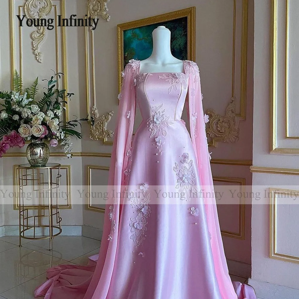 Elegant Woman A-Line Prom Dress 2024 Square Long Cape Sleeves Sweep Train Pink Elegant Evening Party Gown Holiday Wear Customize