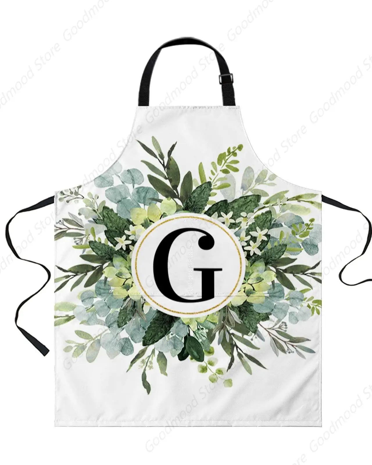 Eucalyptus Leaves Bib Aprons with Pockets Waterproof, Adjustable Apron for Men Women G Monogram Letter Watercolor Teal Botanical