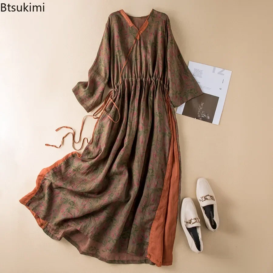 2024 New Women\'s Cotton Linen Dress Fashion V-neck Floral Print Vintage Lace-up A-Line Long Dresses Females Kimono Robe Vestidos