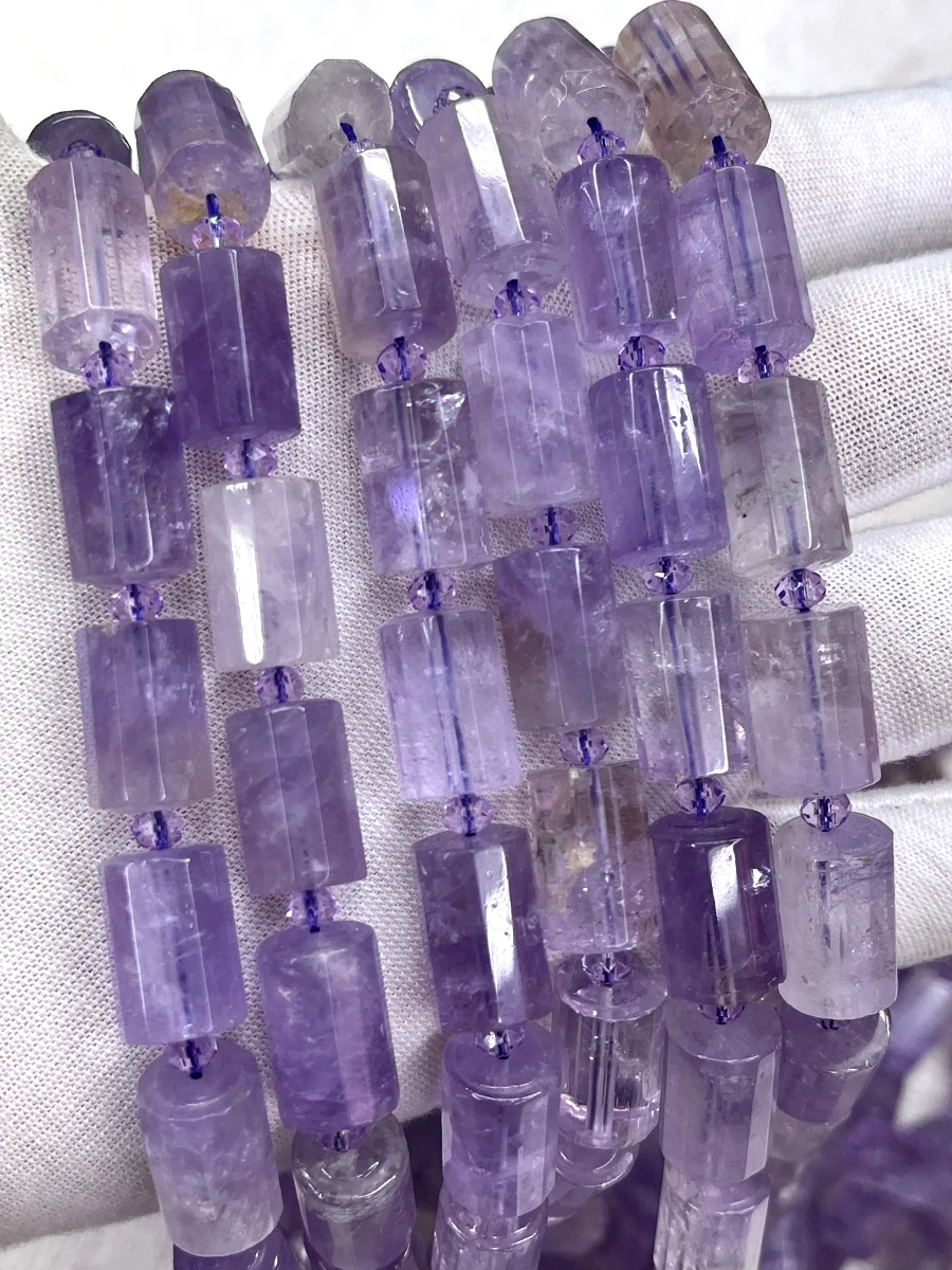 

Natural Amethyst Crystal Cylindrical Stone Section Beads Faceted Loose Spacer For Jewelry Making DIY Necklace Bracelet 15''