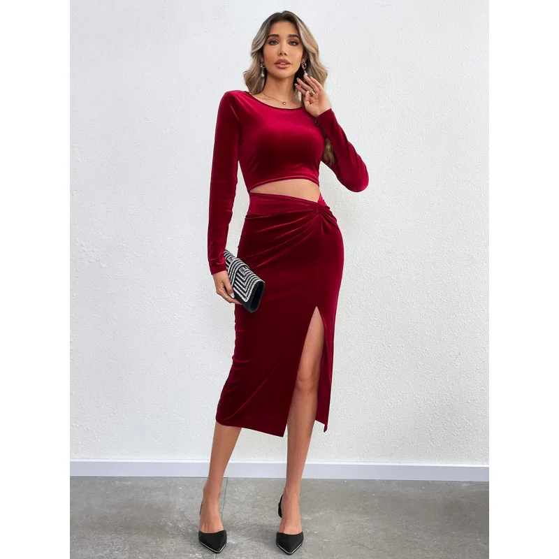 

YQ1-2025Women's Sexy Hollow Out Slit Bodycon Long Sleeve Velvet Party Dress