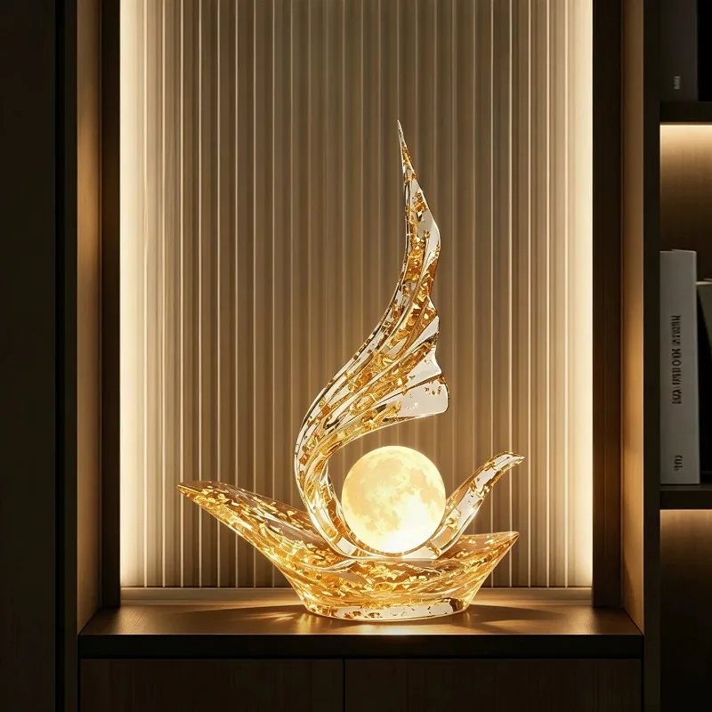 Resin Gold Foil Sailboat Figurine with Crystal Ball Clear Transparent Sculpture Desktop Ornament Home Decor Housewarming Gift