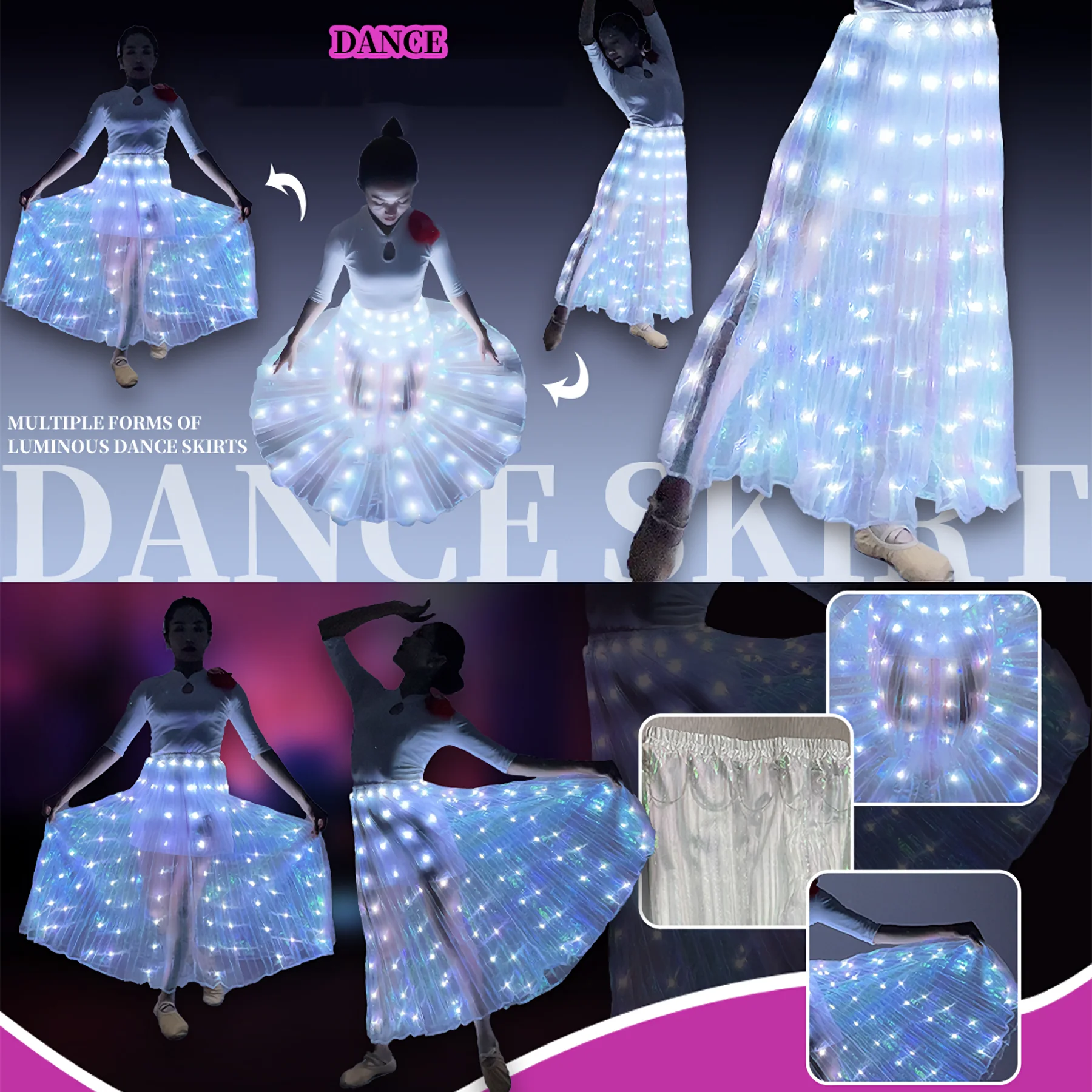 1 luminous dress, white dance props, belly dance performance costumes, suitable for: holiday gift (built-in lithium battery)