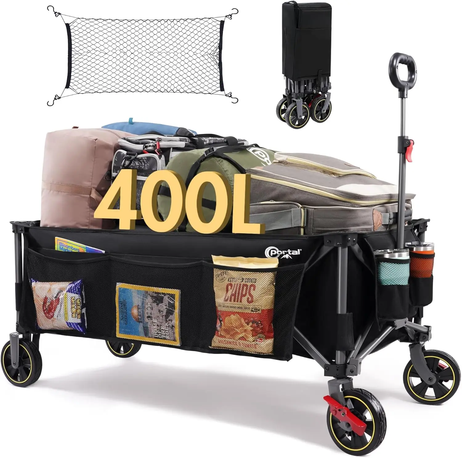 

PORTAL 51.2" Long Wagons Carts Foldable with Brakes Large Foldable Wagon with Cargo Net Side Pocket Cup Holders 350 LBs Heavy Du