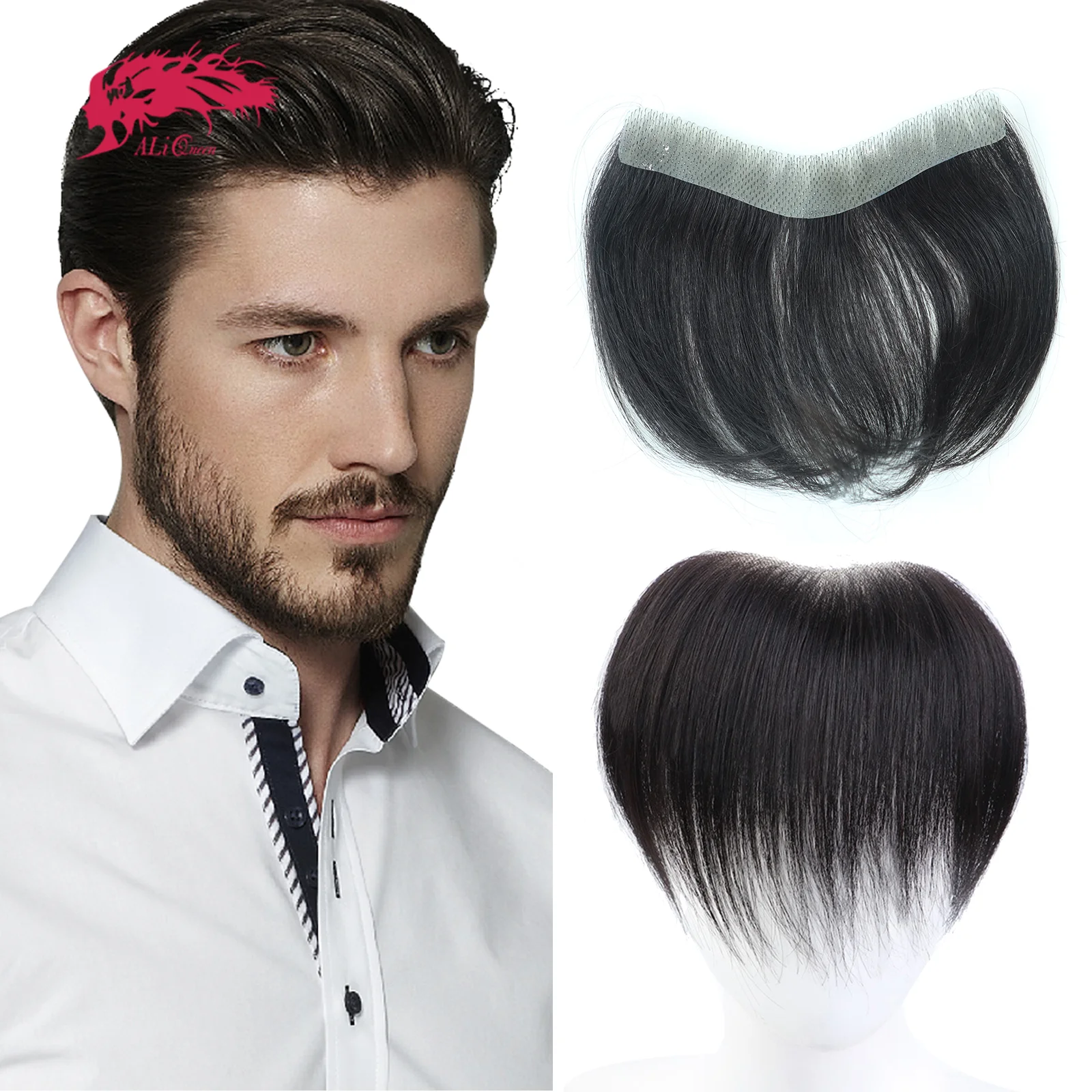 

Ali Queen Hair V Style Frontal Men Toupee Skin PU Base 100% Human Hair 0.08-0.1mm Thin Piece For Men V Loop hairline Toupee Wig