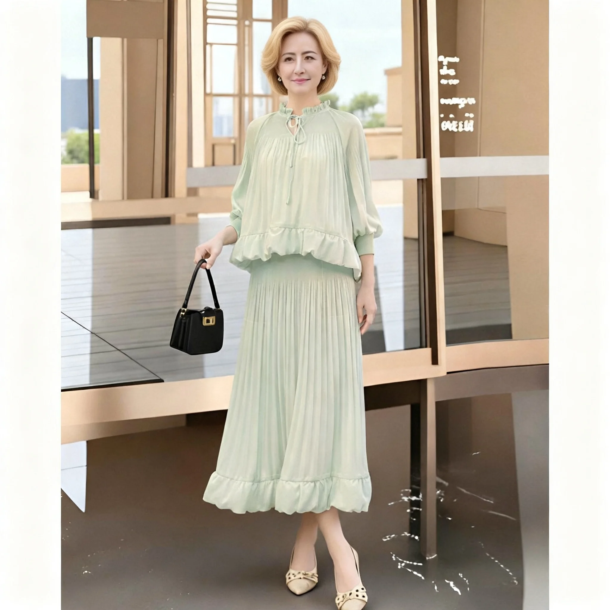 

Miyake Purple Pleated Women's Two-piece Set 2026 New Spring Long-sleeved Lace Collar T-shirt Top + Elastic Waist Skirt 2DB3434