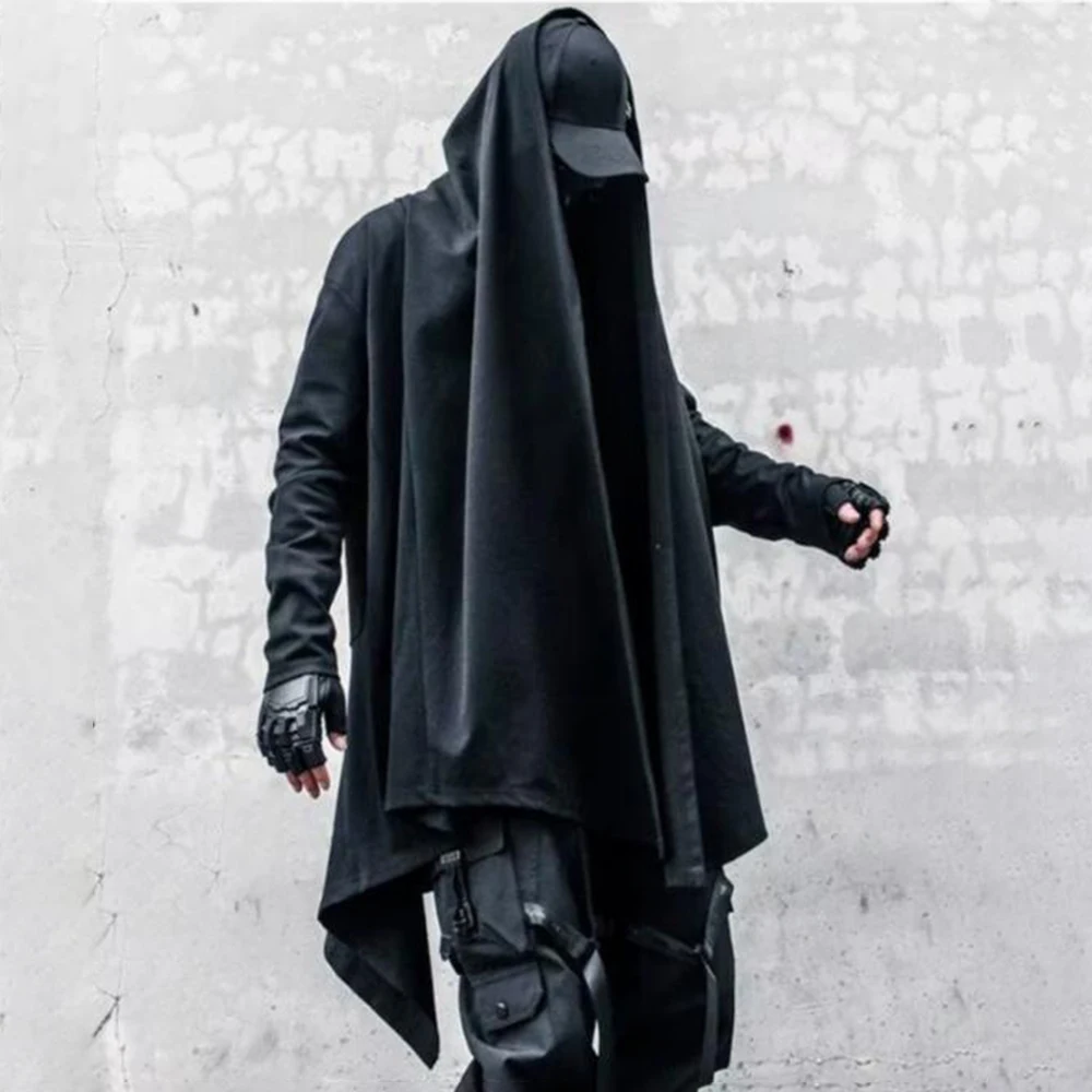 Men Dark Gothic Deconstructed Mid Length Trench Fall Streetwear Fashion Nightclub Statement Youth Irregular Drape Cape Outerwear