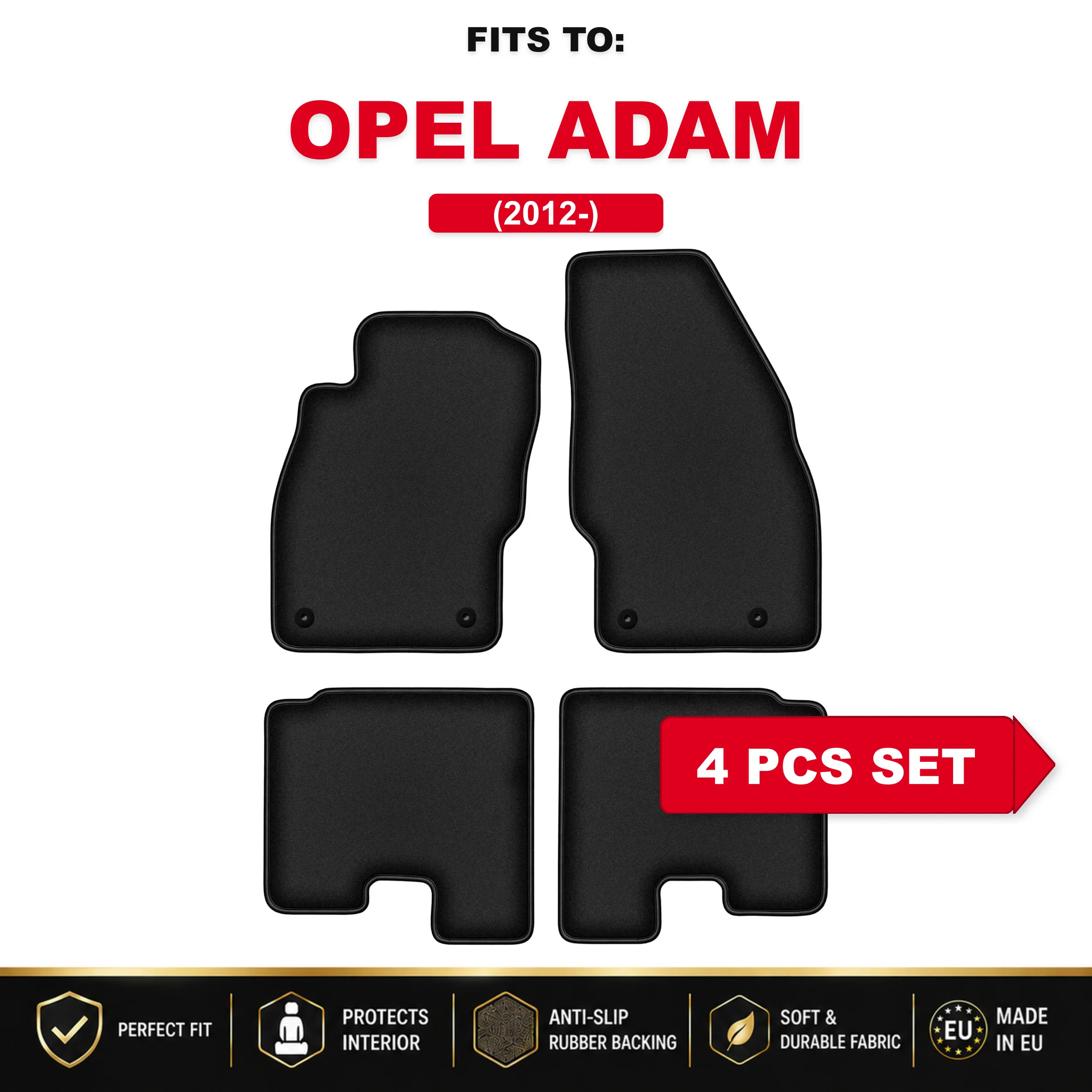 Zwarte velours autovloermatten, 4 stuks Voor: Opel Adam 2012 - bijpassende set automatten voor hatchback