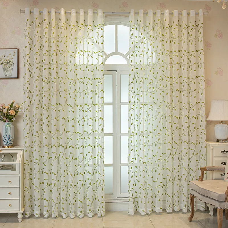1PC Green Leaf Embroidery Sheer Curtain for Kitchen Balcony Linen Voile Window Rustic Partition Door Drape Custom #E