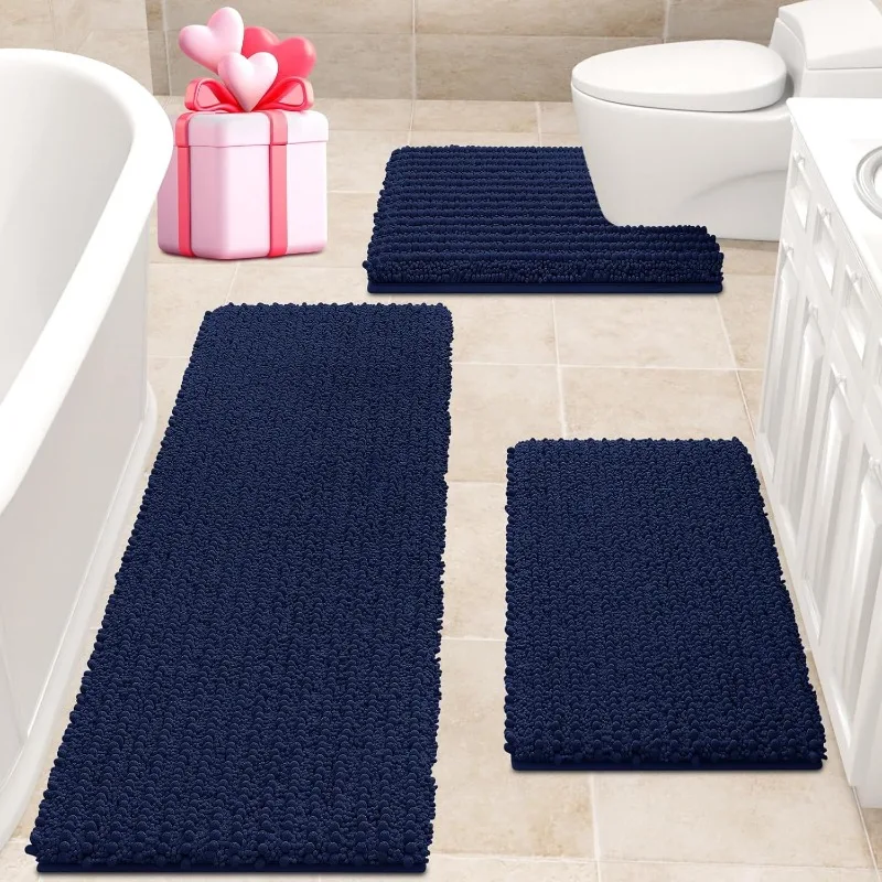 Upgraded Oversized Navy Blue Bathroom Rug Set 3 Piece Super Soft Thick Absorbent Bathroom Mat Anti-Skid Neil Toilet Mat