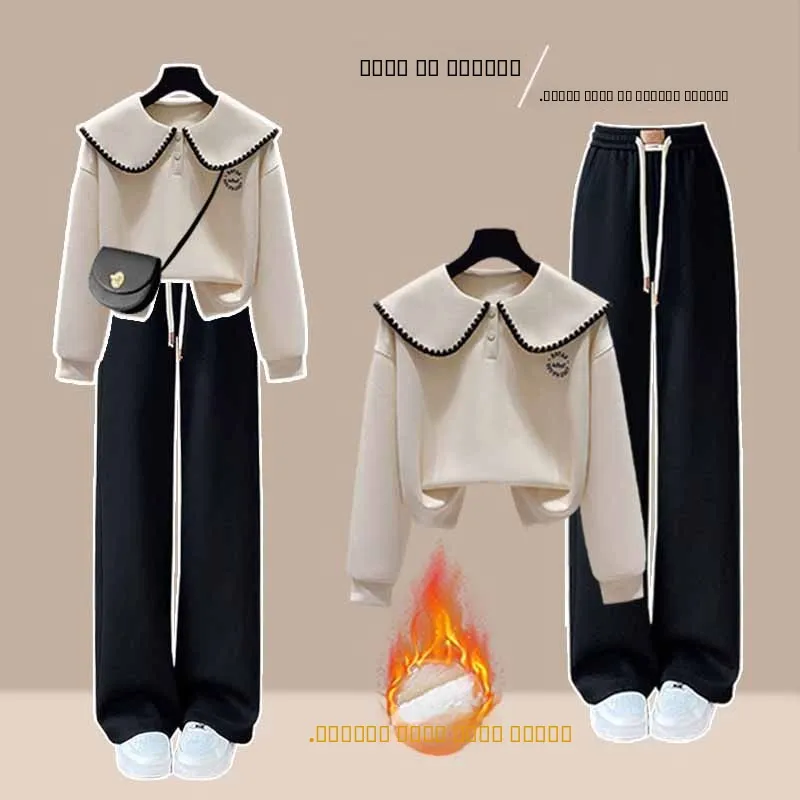 

Thickened Fleece Hoodie And Wide Leg Pants Set School Style Casual Outfit for Teenage Girls Autumn Winter Two Piece Suit