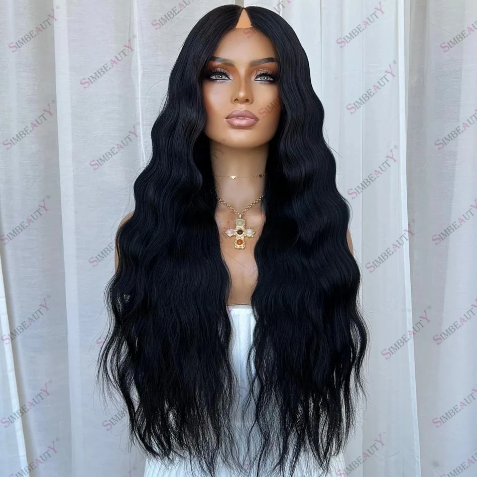 

Human Hair Jet Black Brown Machine Made V Part Wigs for Black Women Deep Wave 200Density 1x4 V Shape Wig with Clips&Combs Easy